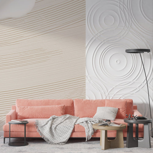 Abstract wave mural creating depth in modern bedroom with neutral decor