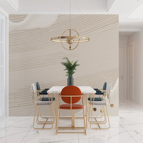 Modern wave pattern wallpaper in bright living room with minimalist furniture