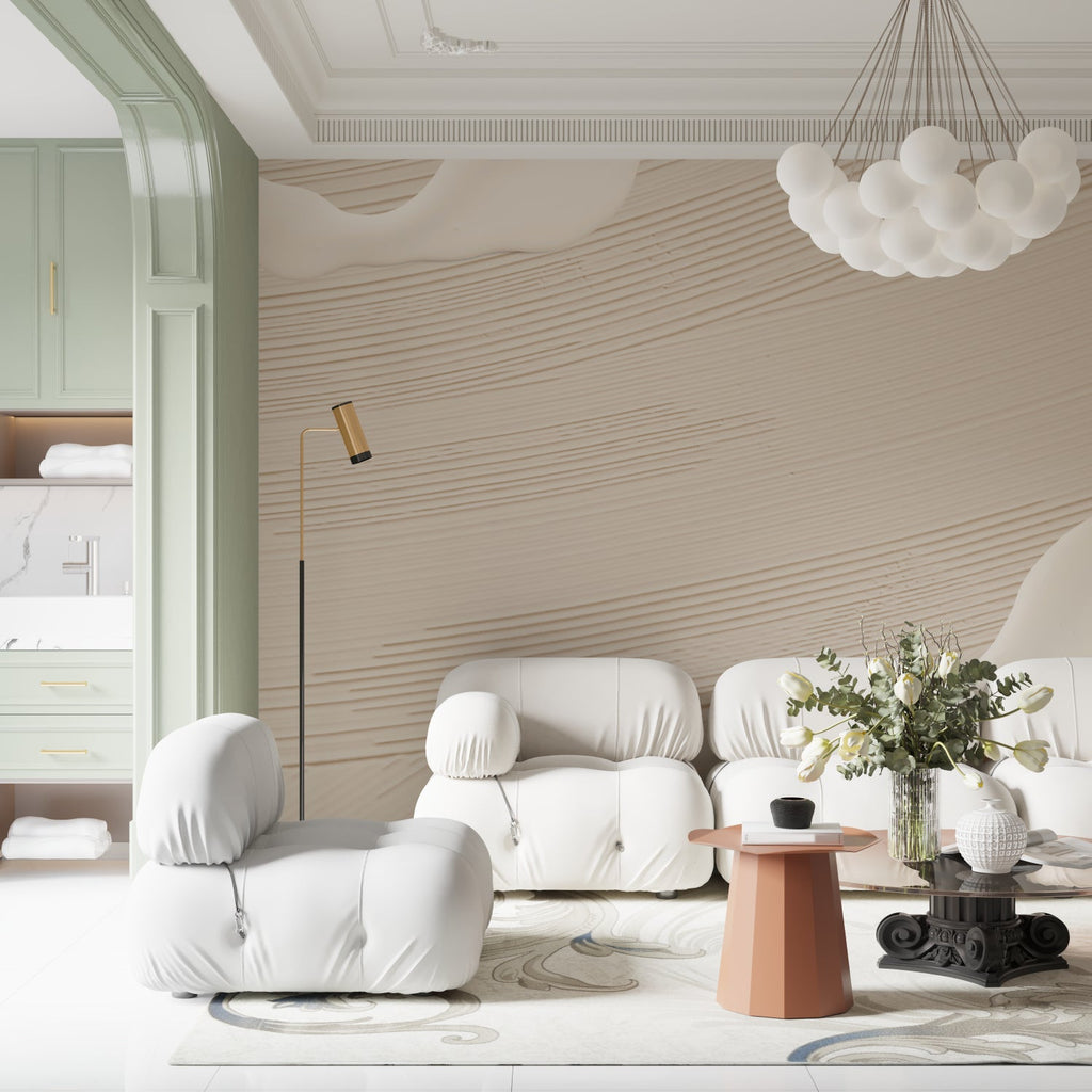 Beige wave mural wallpaper creating flow in master bedroom