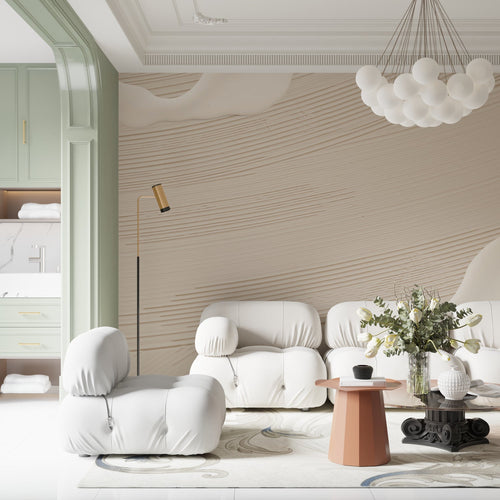 Beige wave mural wallpaper creating flow in master bedroom