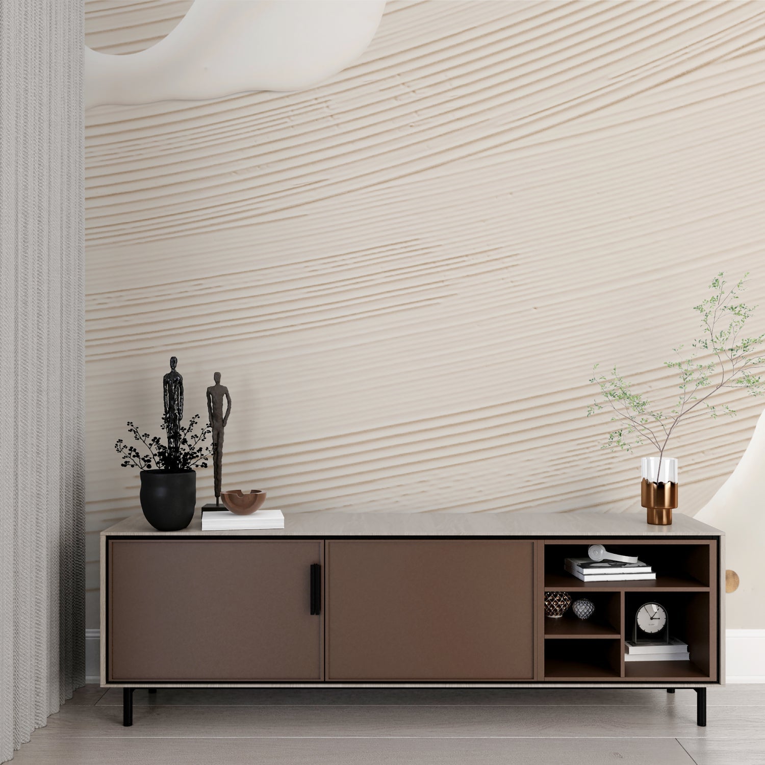 Wave pattern mural installed in contemporary hallway