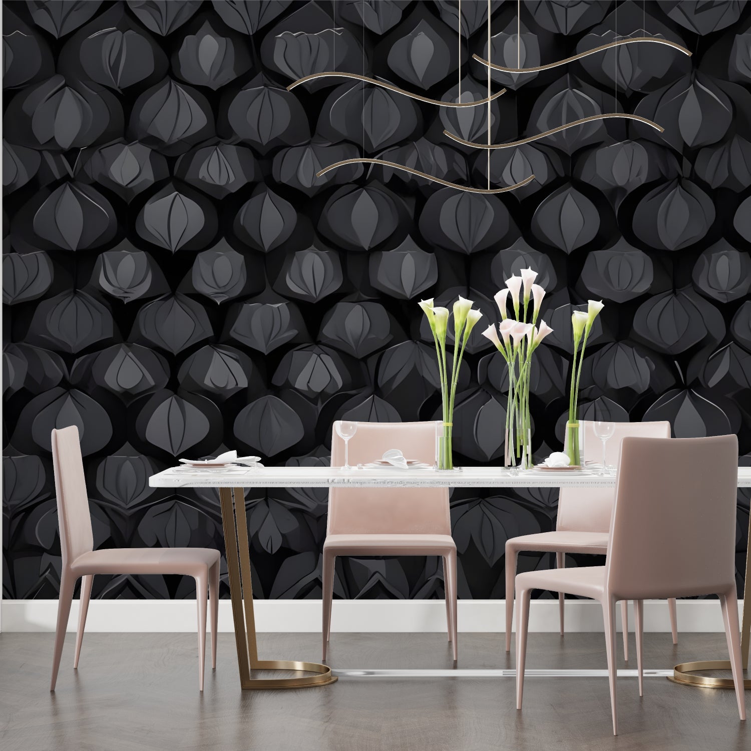 Modern black geometric wallpaper in a master bedroom, creating a luxurious atmosphere