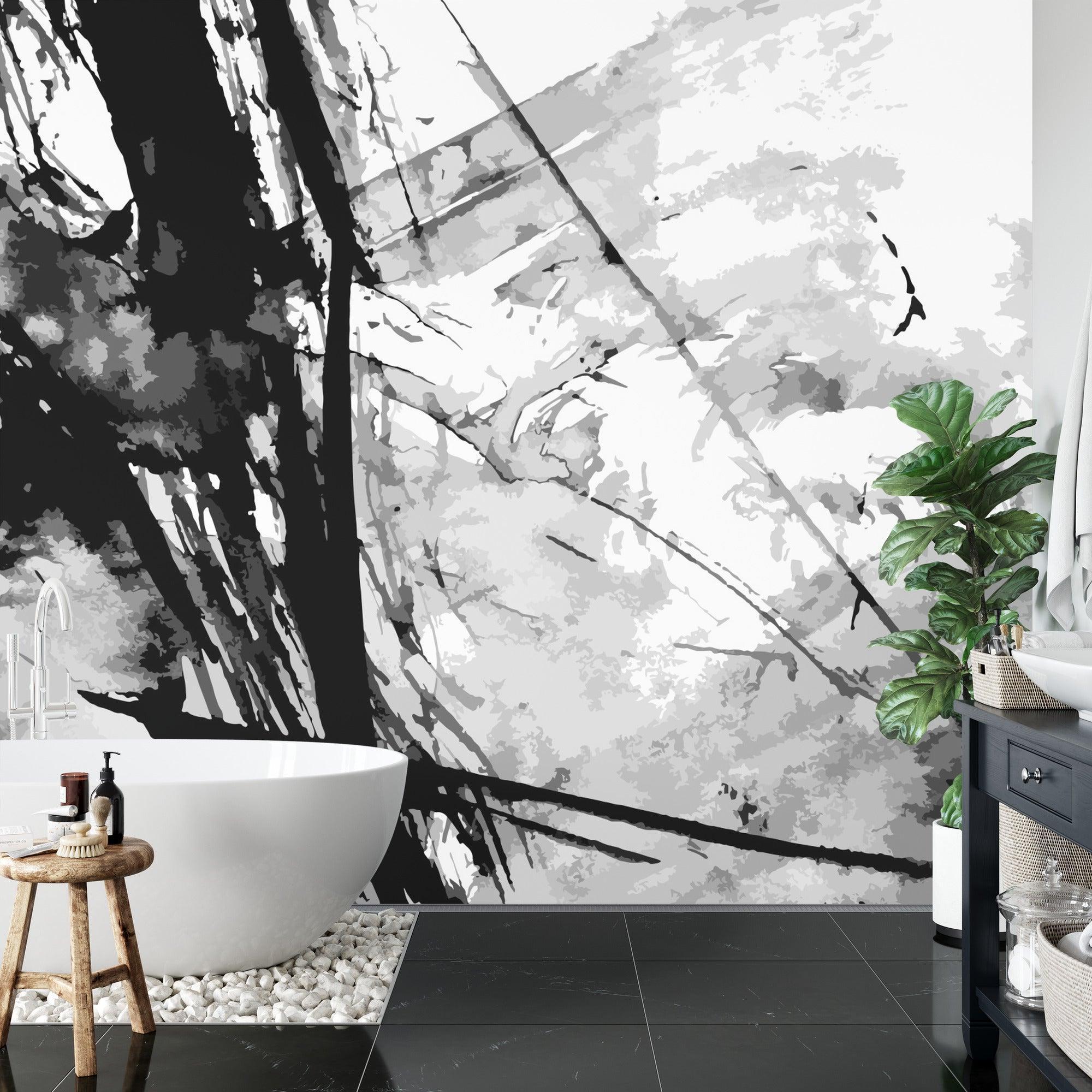 Black and White Abstract Wall Mural in minimalist office space enhancing work environment