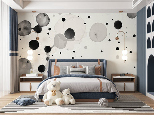 Abstract circle wallpaper in a minimalist living room, creating a clean and modern atmosphere