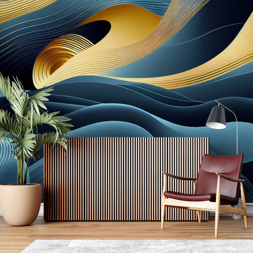 Abstract wave mural featuring blue and gold in luxury master bedroom