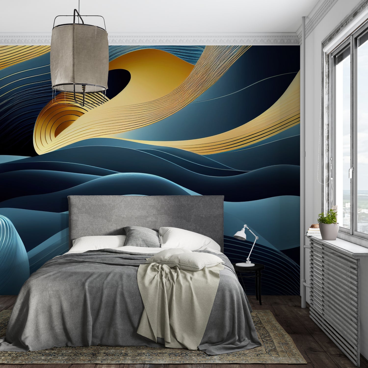 Modern blue and gold abstract wallpaper in home office setting