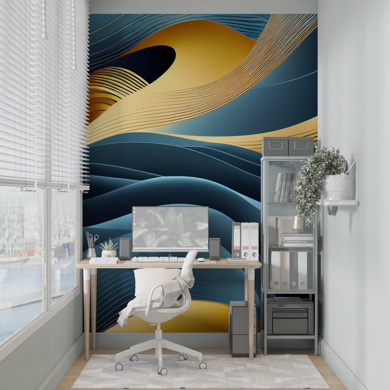 Abstract blue and gold wallpaper creating depth in hotel lobby