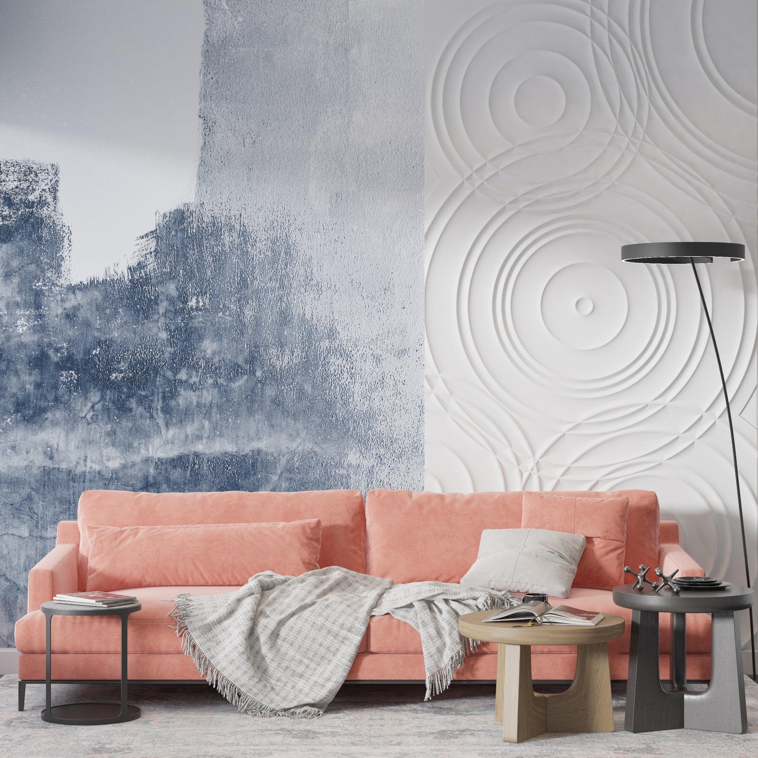 Modern blue wave wallpaper in a minimalist living room setting with white furniture