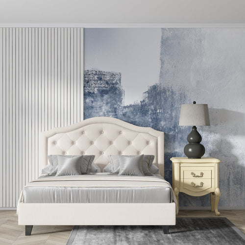 Abstract wave pattern mural in a modern home office with natural lighting