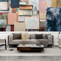 Modern abstract book wallpaper creating a stylish backdrop in a minimalist home office with natural light
