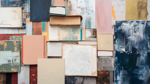 Abstract book collection wallpaper design file showing geometric patterns and soft color palette