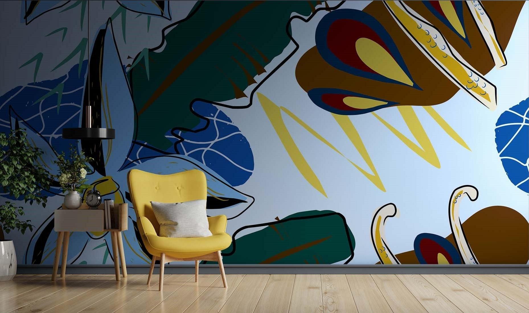 Abstract floral wallpaper bringing artistic flair to a modern entryway space