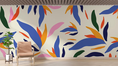 Modern botanical wallpaper with abstract leaves bringing life to a bright living room with minimal furniture