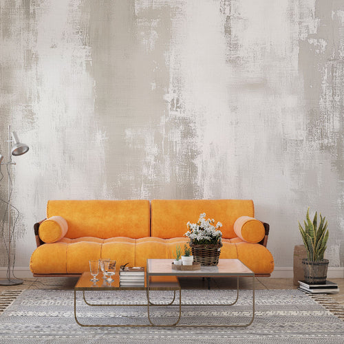 Modern abstract beige brushstroke wallpaper creating a serene atmosphere in a minimalist living room setting