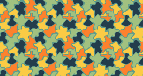 Abstract camouflage pattern design file showing fluid shapes and vibrant color composition