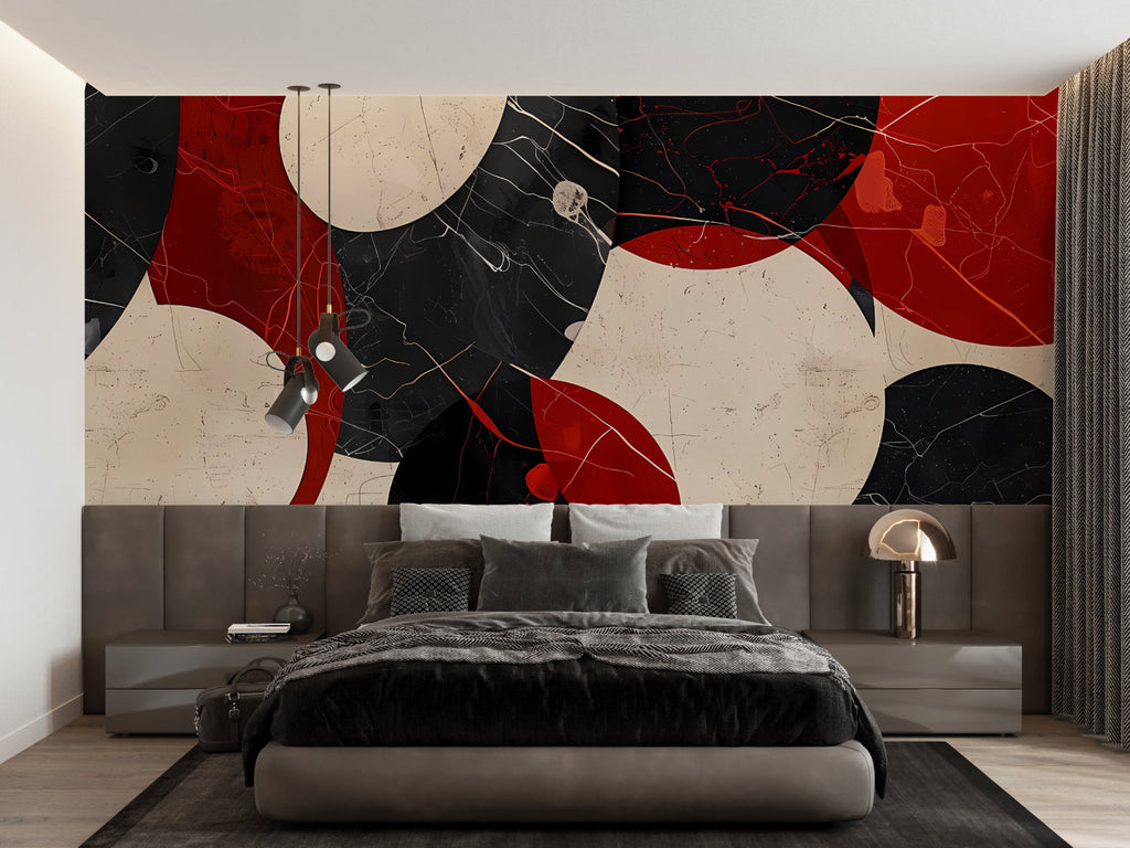 Bold geometric wallpaper with red and black circles warming up a modern entryway