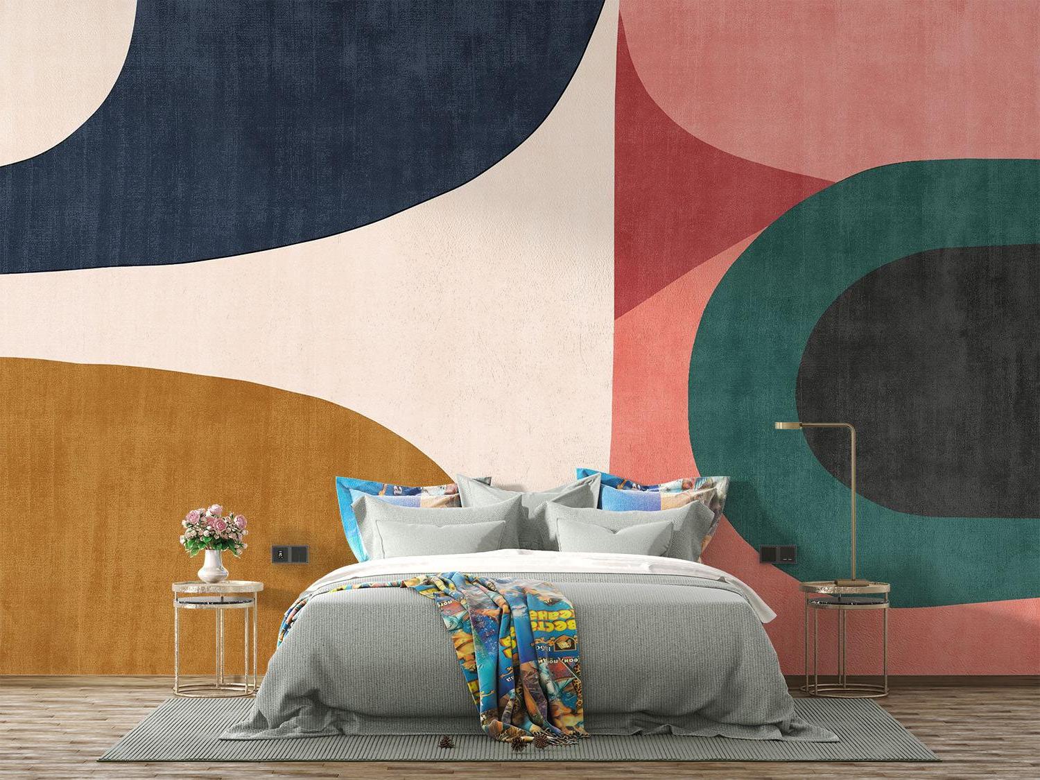 Curved shapes abstract wallpaper in hotel lobby with modern seating
