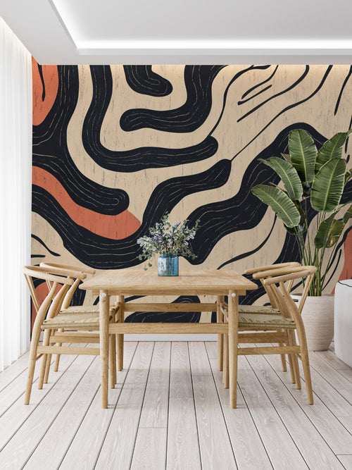 Modern abstract wallpaper with black curves in bright living room setting, natural light highlighting terracotta accents