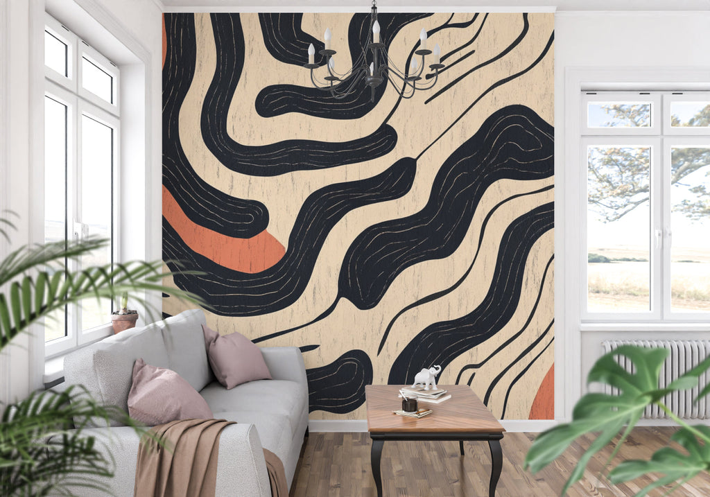 Abstract curve wallpaper creating focal point in minimal dining room space