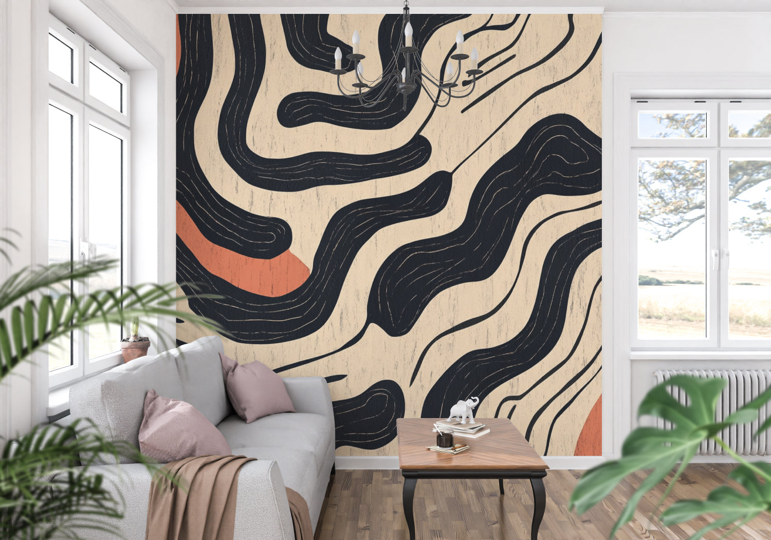 Abstract curve wallpaper creating focal point in minimal dining room space