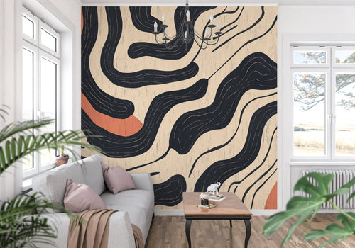 Abstract curve wallpaper creating focal point in minimal dining room space