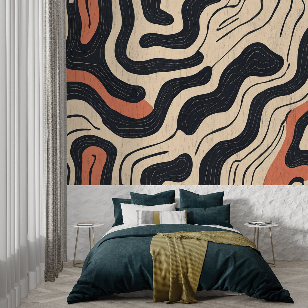 Contemporary home office featuring modern abstract wall mural with flowing curves