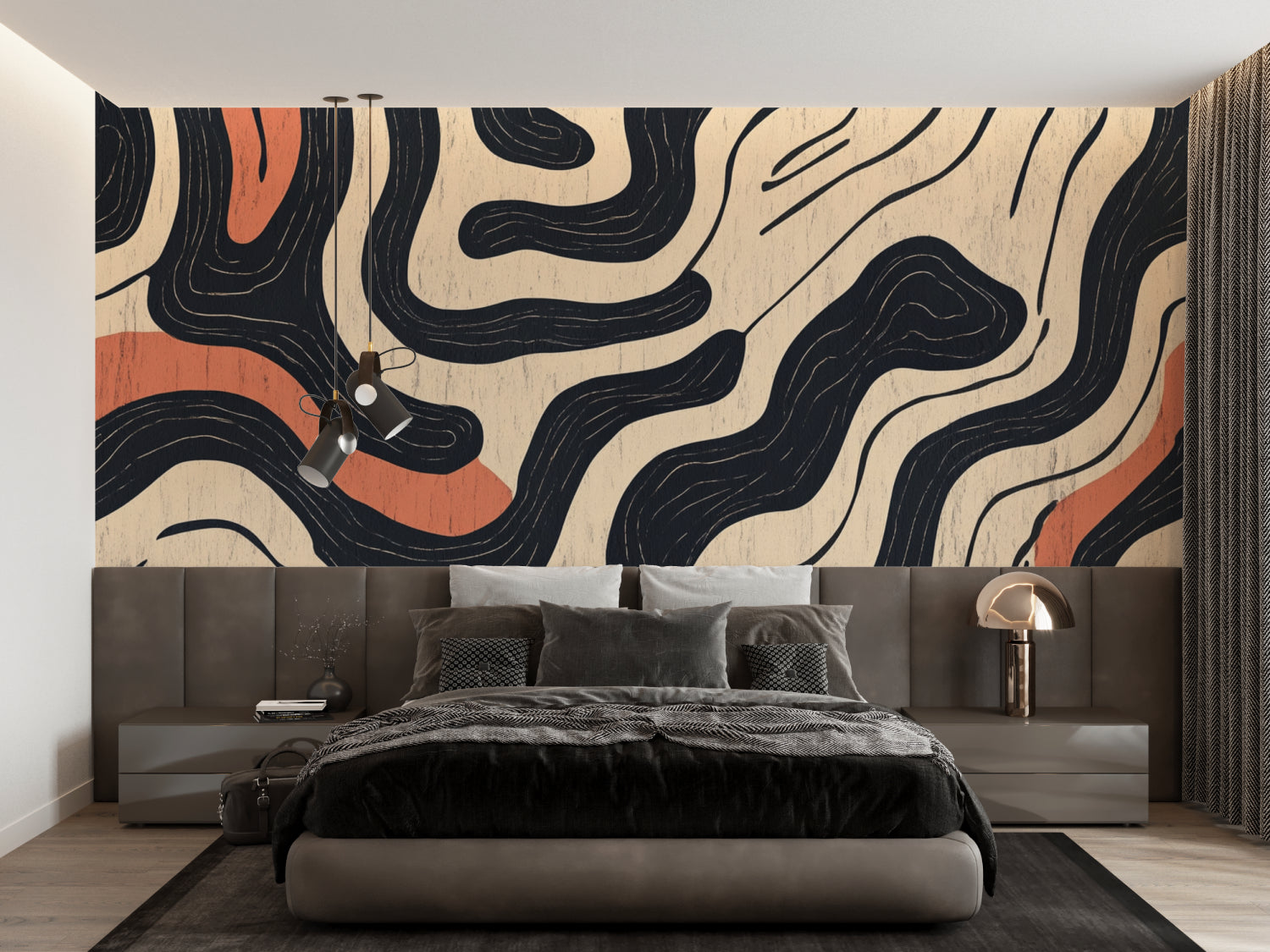 Modern bedroom with abstract curve wallpaper showing scale and movement