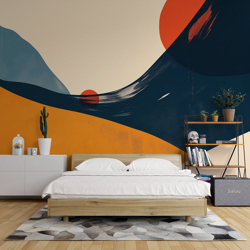 Modern abstract desert wallpaper creating a stunning focal point in a minimalist living room with clean furniture lines