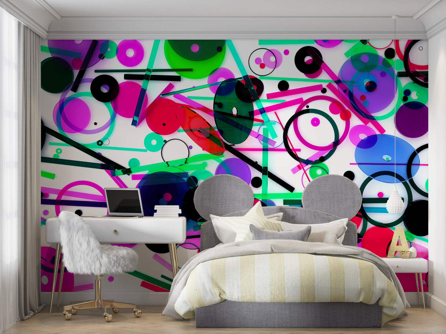 Abstract geometric circles wallpaper adding energy to a contemporary home office setup