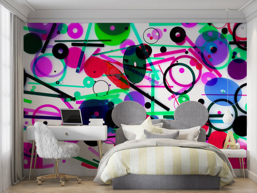 Abstract geometric circles wallpaper adding energy to a contemporary home office setup