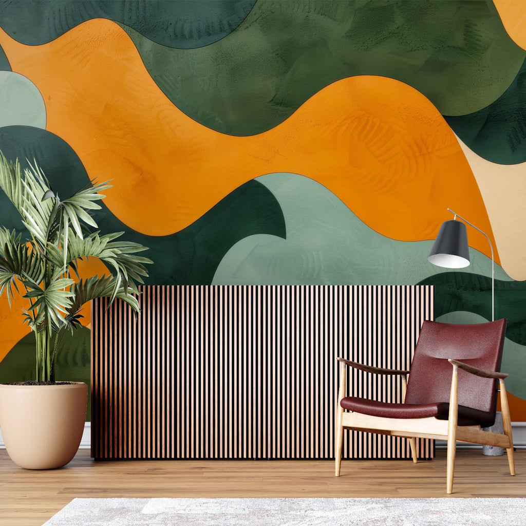 Dynamic wave wallpaper making a statement in an art gallery-style bedroom