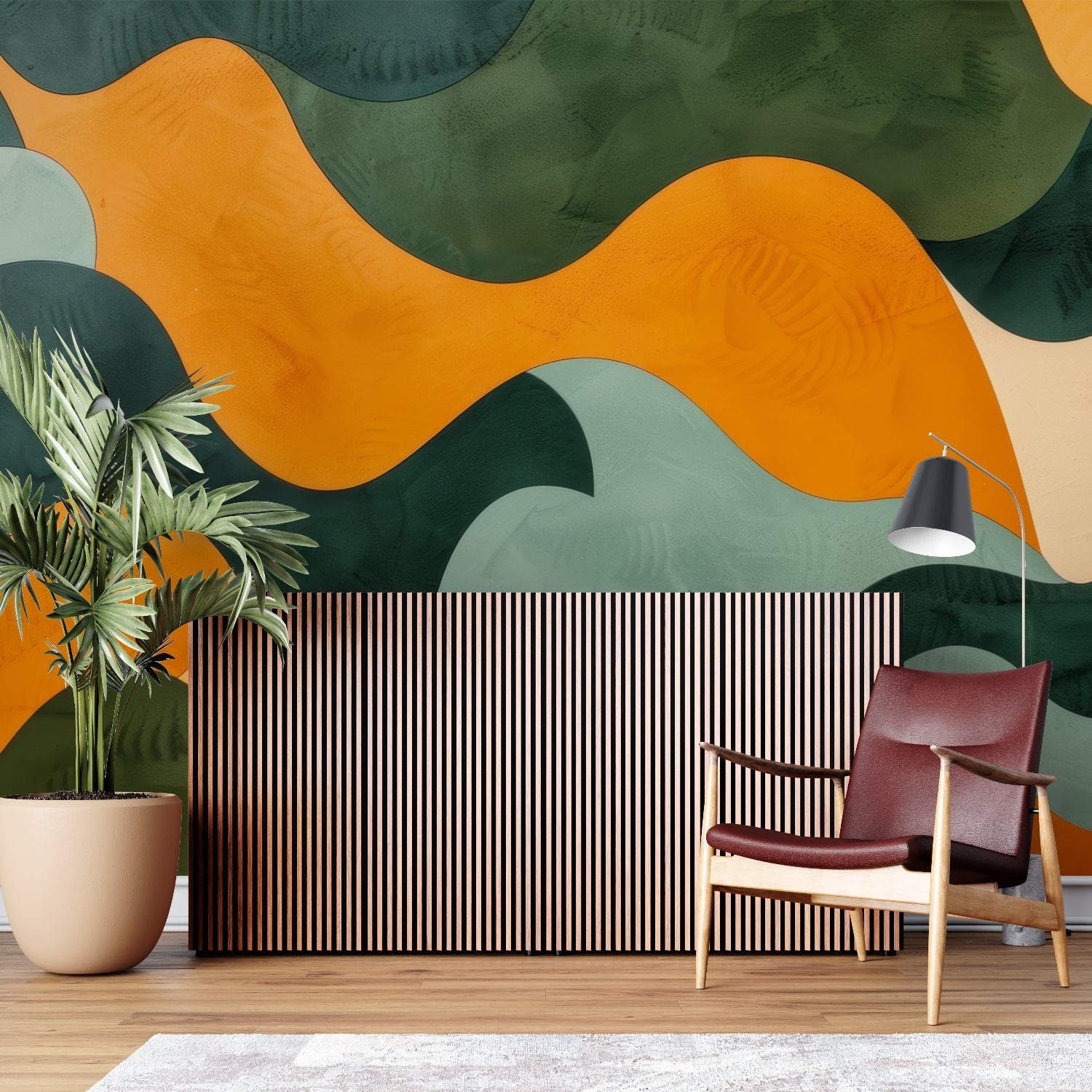 Dynamic wave wallpaper making a statement in an art gallery-style bedroom
