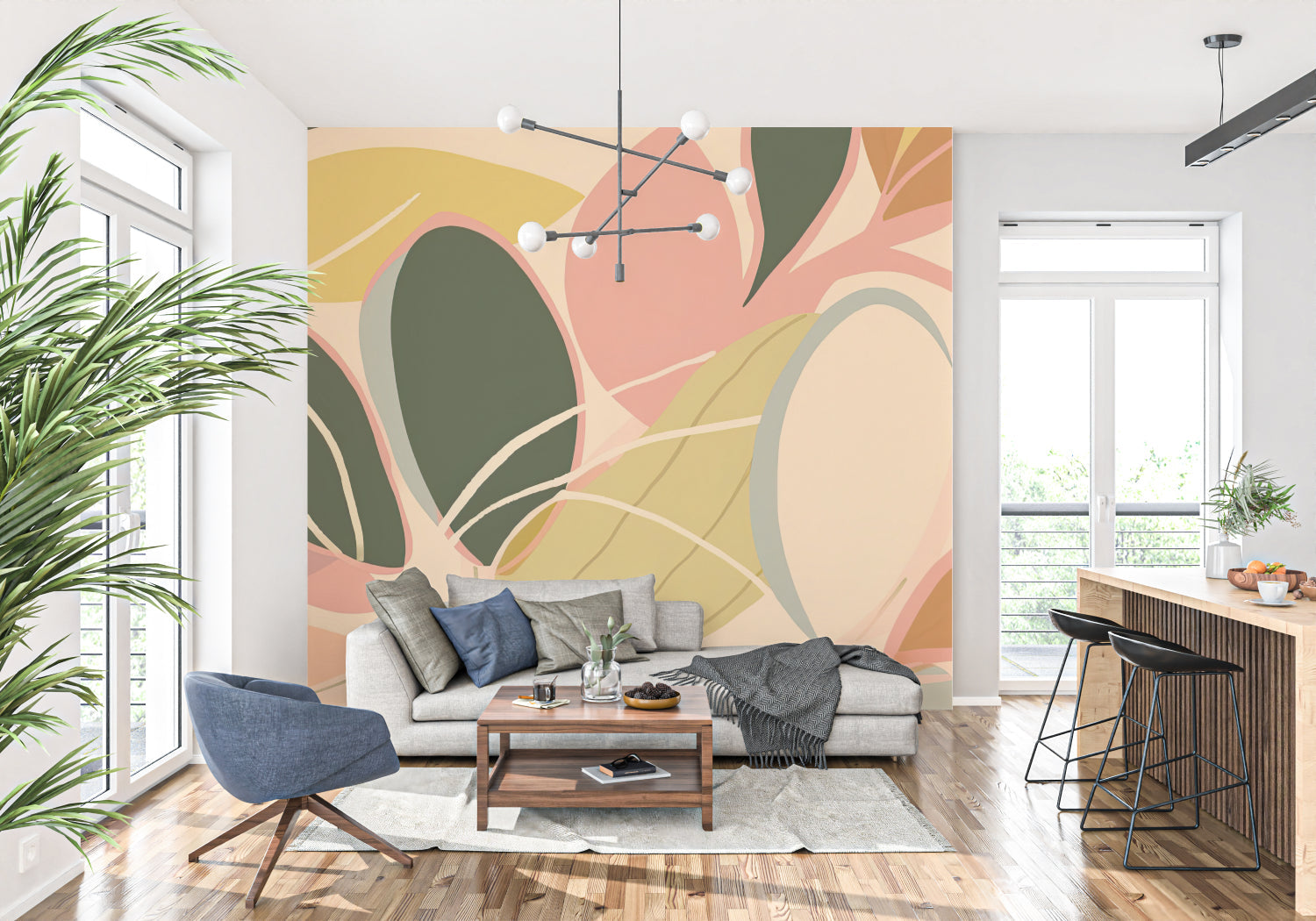 Modern leaf pattern wallpaper transforming a bedroom with its fresh green and pink design