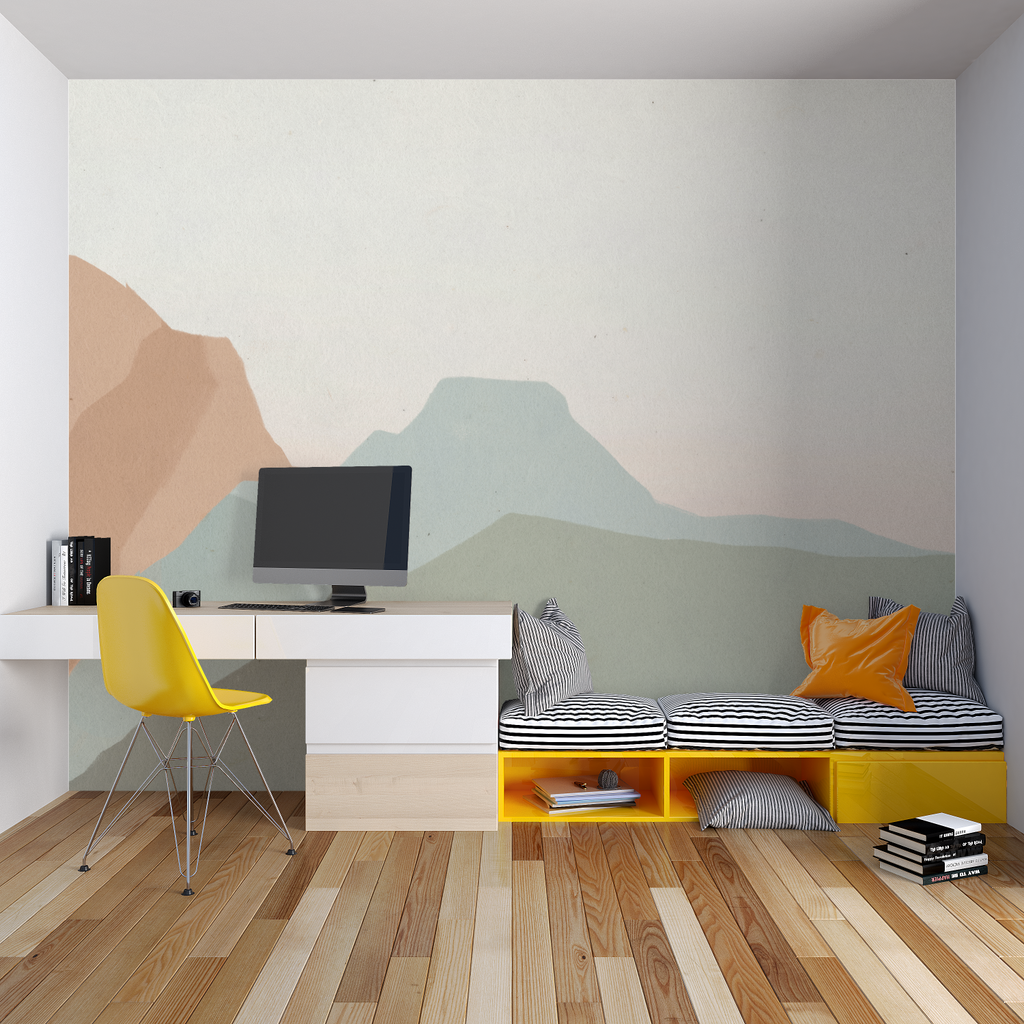 Green abstract pattern mural in a modern bedroom with natural light