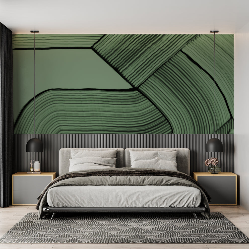 Green abstract wallpaper bringing nature-inspired design to a modern dining room