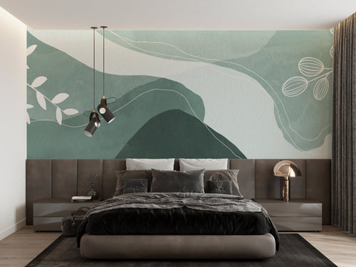 Modern green abstract mountain wallpaper in a bright Scandinavian living room creating a peaceful atmosphere
