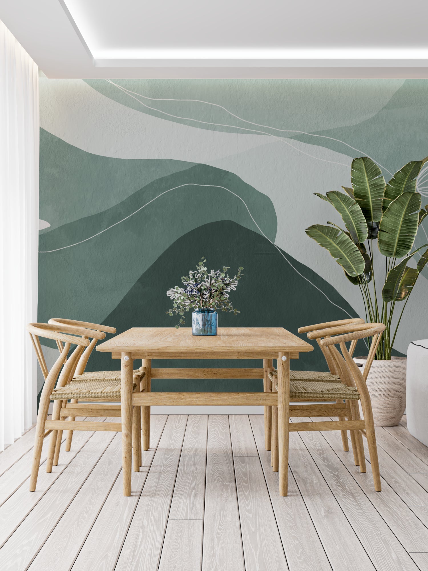 Abstract mountain wall mural in minimalist home office with natural light