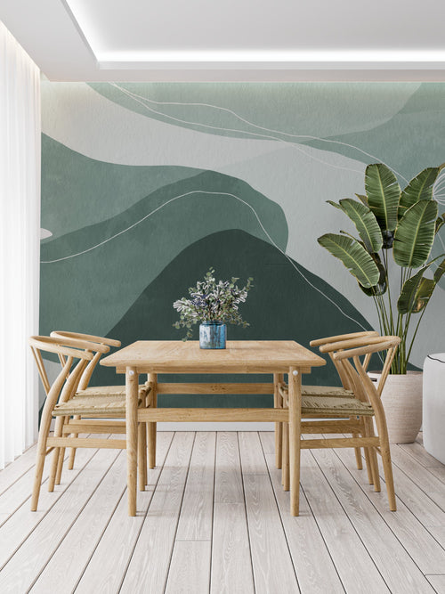 Abstract mountain wall mural in minimalist home office with natural light