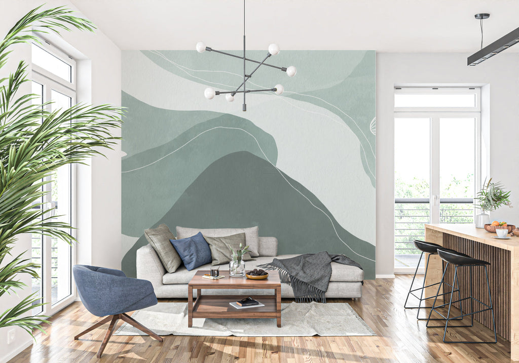 Green mountain abstract wallpaper creating depth in contemporary dining room