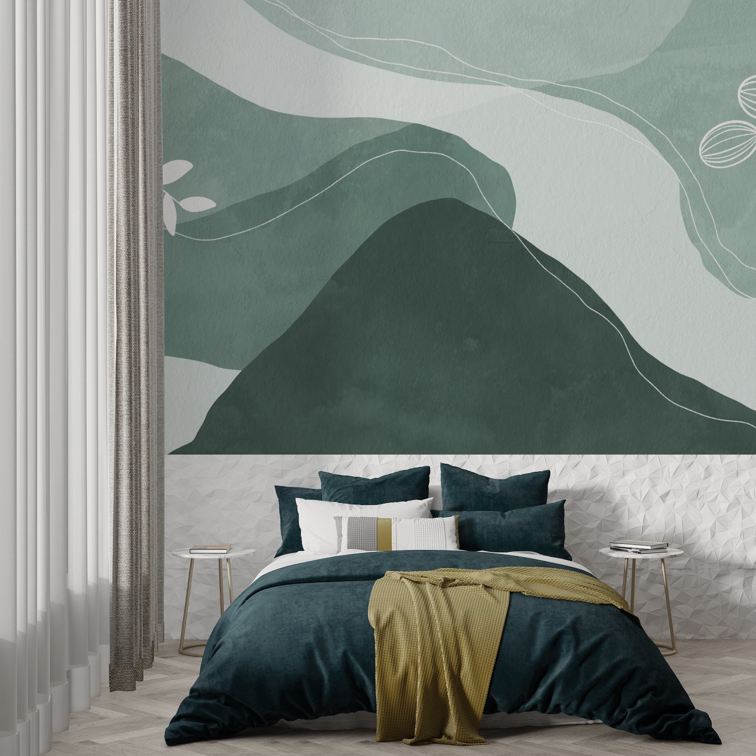 Modern abstract mountain design in master bedroom with clean lines