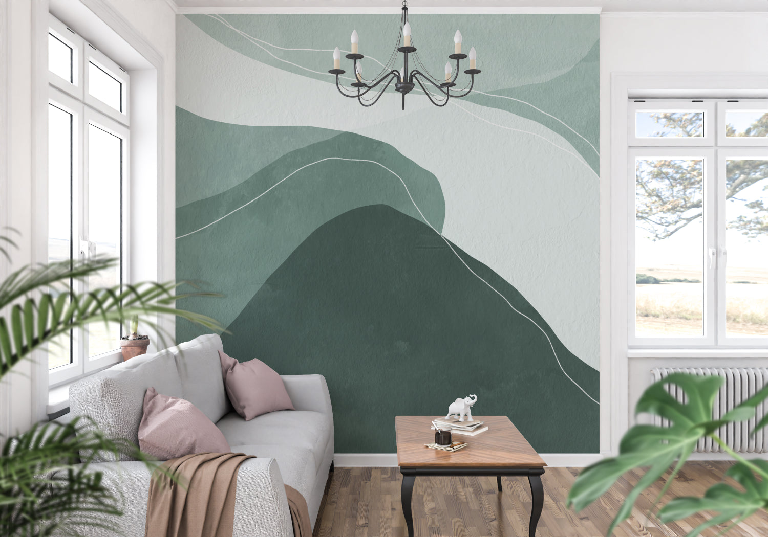 Abstract green mountain mural making small living space feel larger