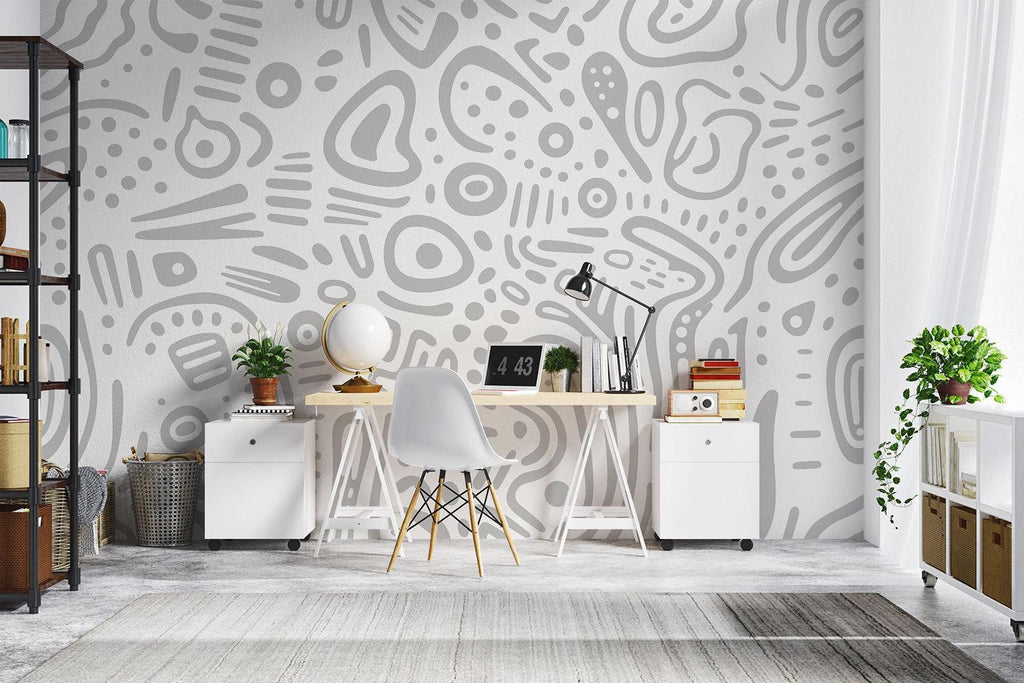 Modern grey line art wallpaper creating a peaceful atmosphere in a minimal living room setting