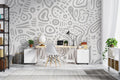 Modern grey line art wallpaper creating a peaceful atmosphere in a minimal living room setting
