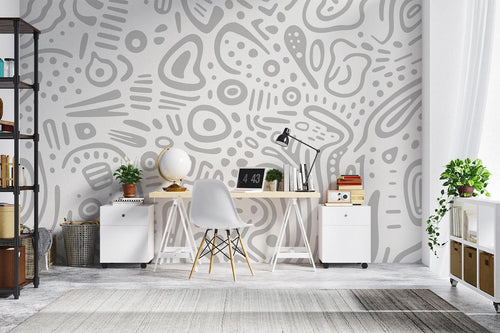 Modern grey line art wallpaper creating a peaceful atmosphere in a minimal living room setting