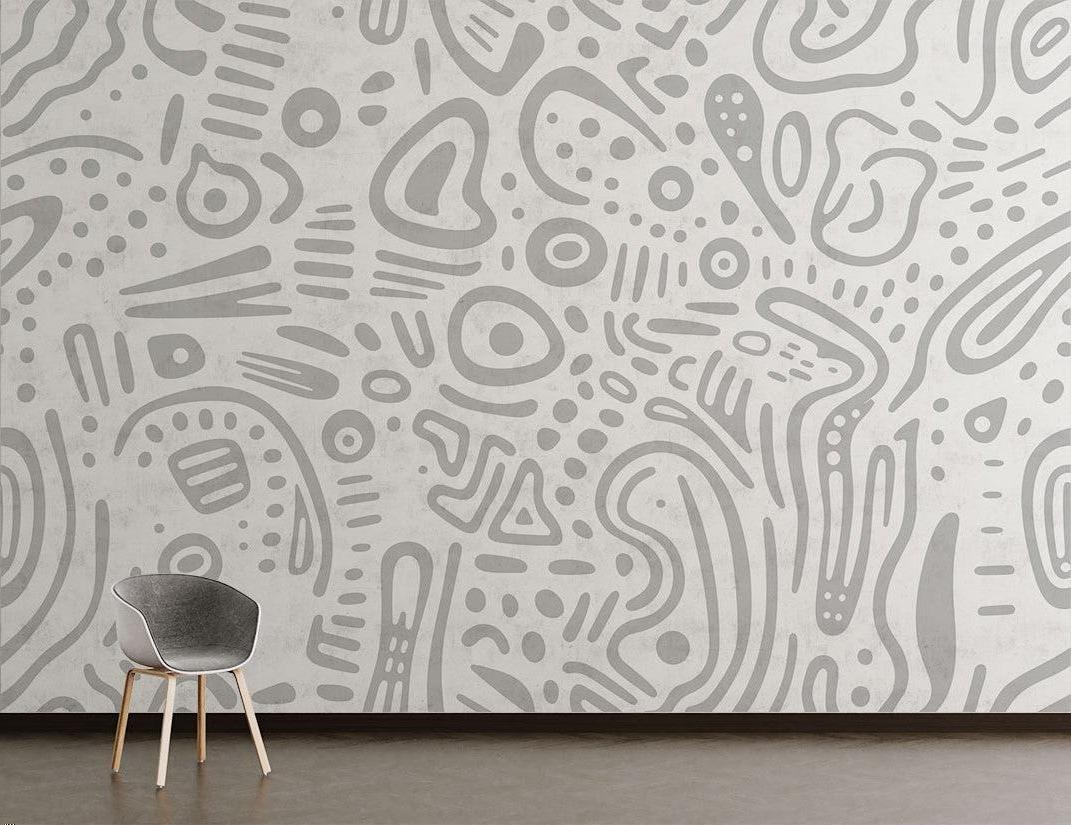 Abstract grey line pattern wallpaper showcased in a bright modern home office space