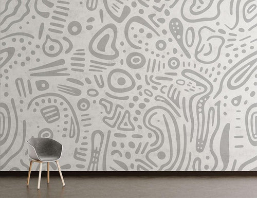 Abstract grey line pattern wallpaper showcased in a bright modern home office space