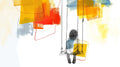 Modern abstract wall mural with yellow and orange line art bringing warmth to a minimalist living room setting
