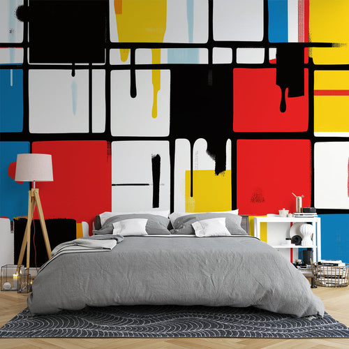 Modern abstract geometric wallpaper in bright living room setting, featuring bold primary colors and clean lines