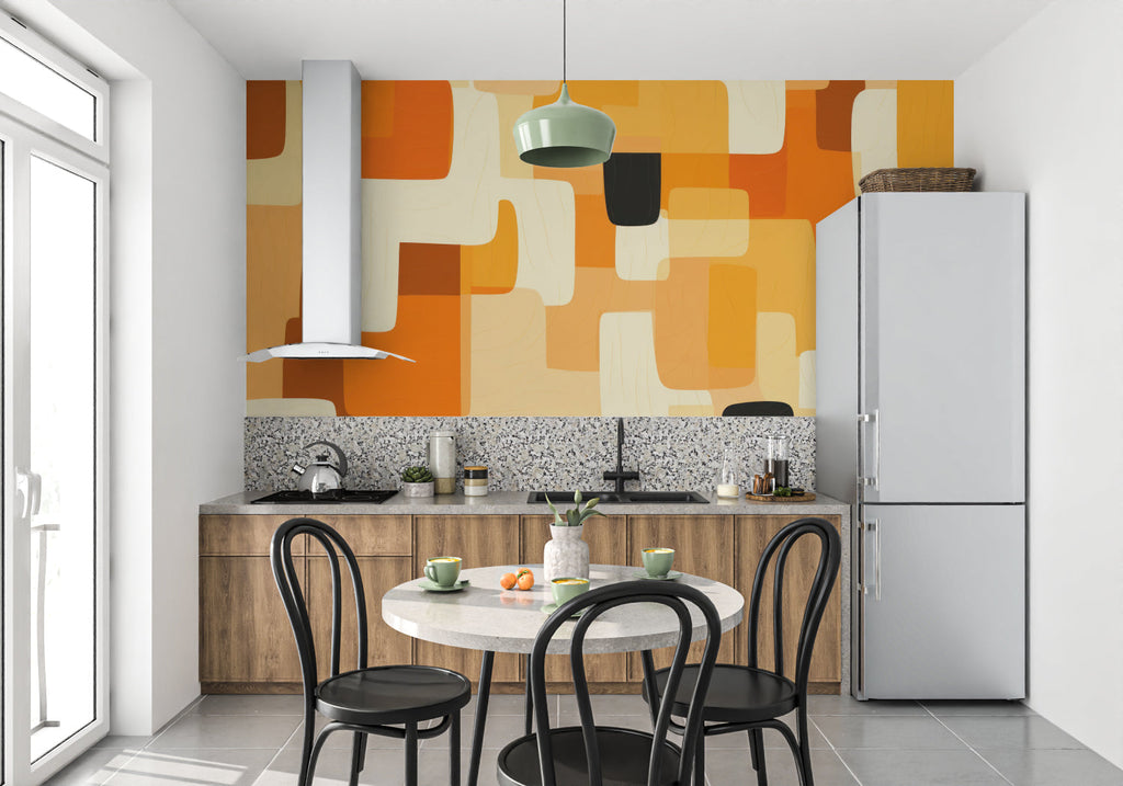 Contemporary orange abstract wallpaper in bedroom with white furniture