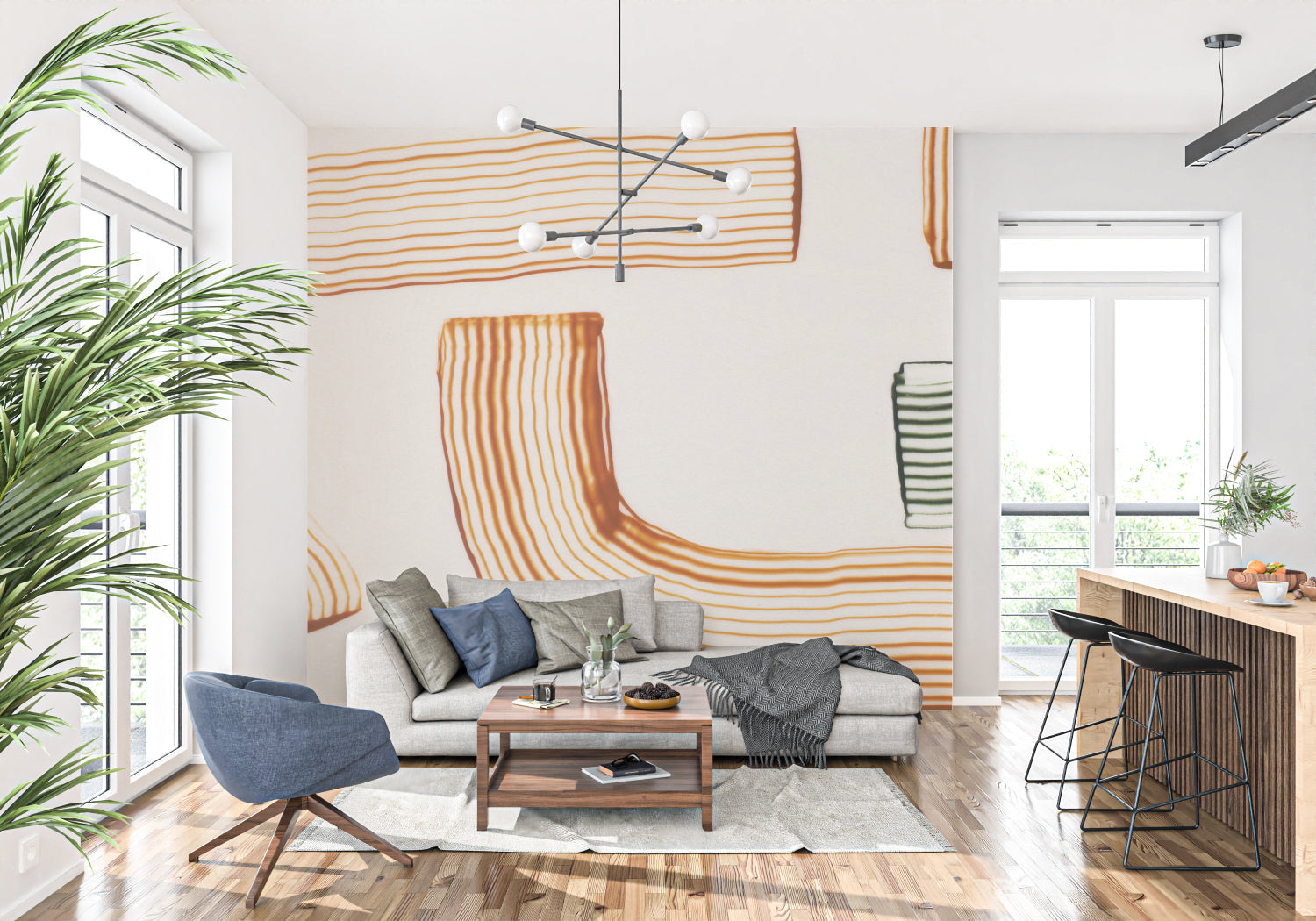 Modern orange stripe wallpaper creating a bold statement in a minimalist living room setting